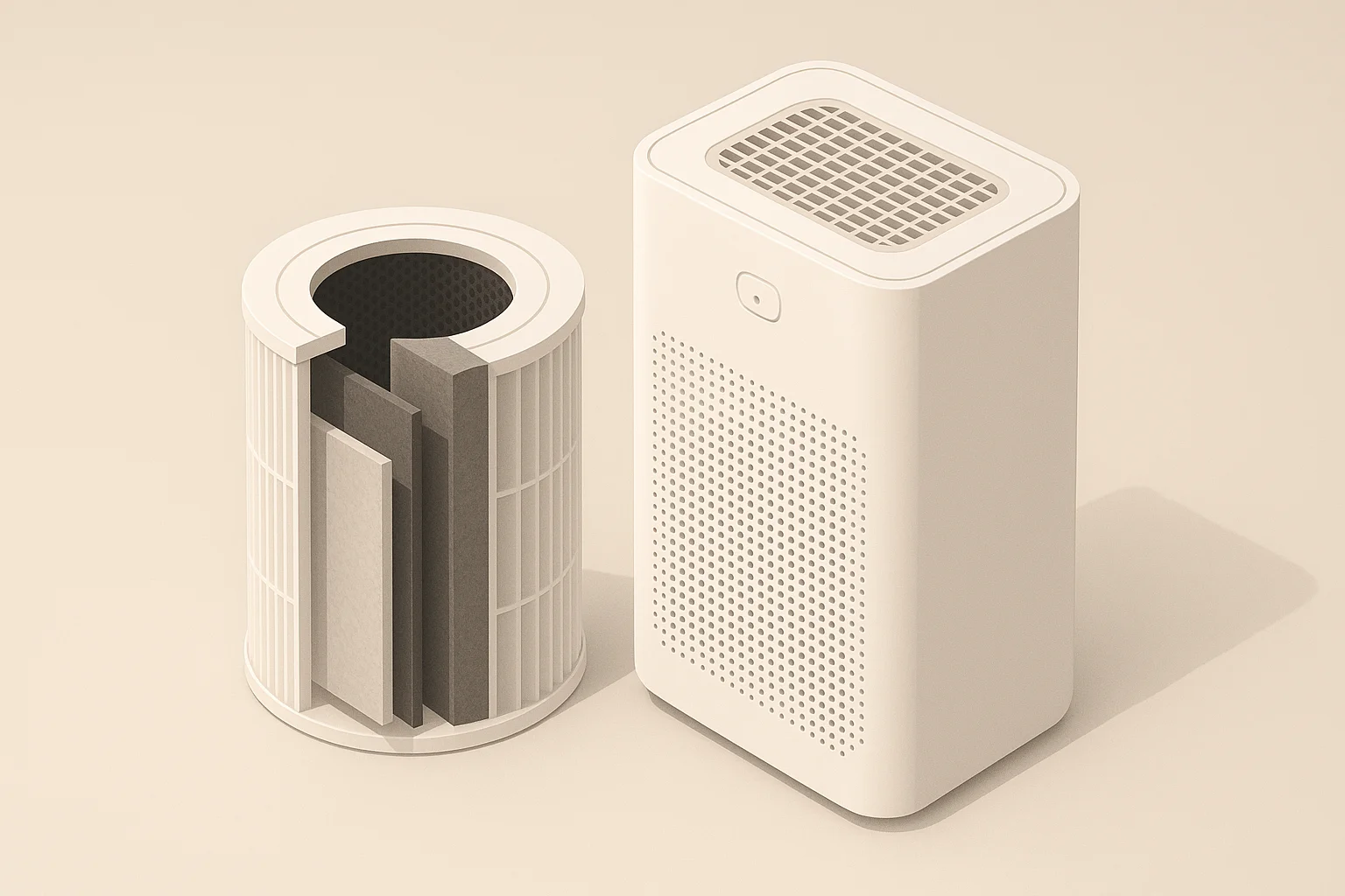 Isometric illustration of layered washable air filter beside purifier