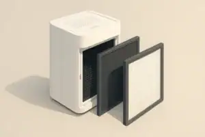 Isometric view of layered pre-filter and HEPA filter in purifier