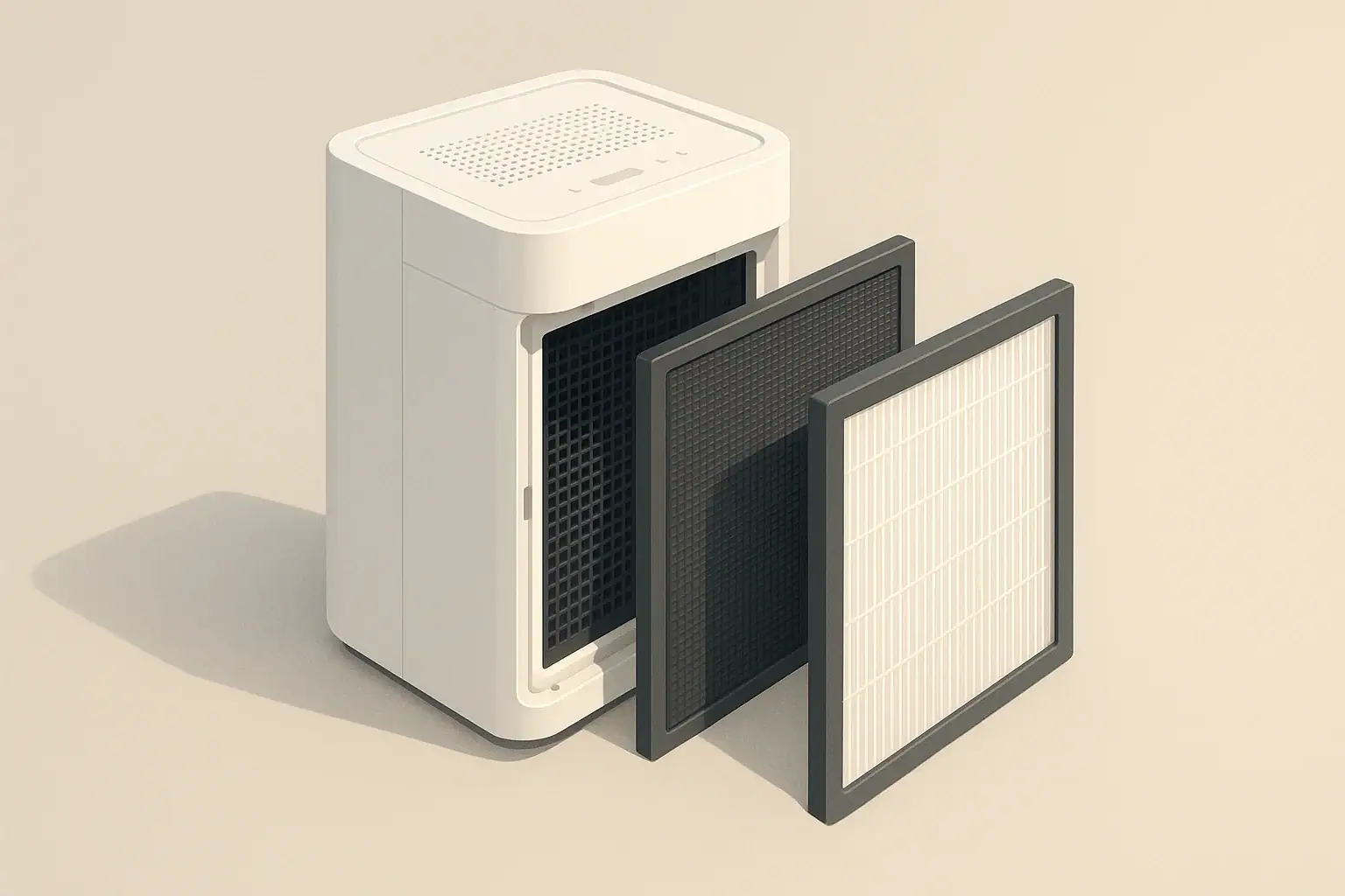Isometric view of layered pre-filter and HEPA filter in purifier