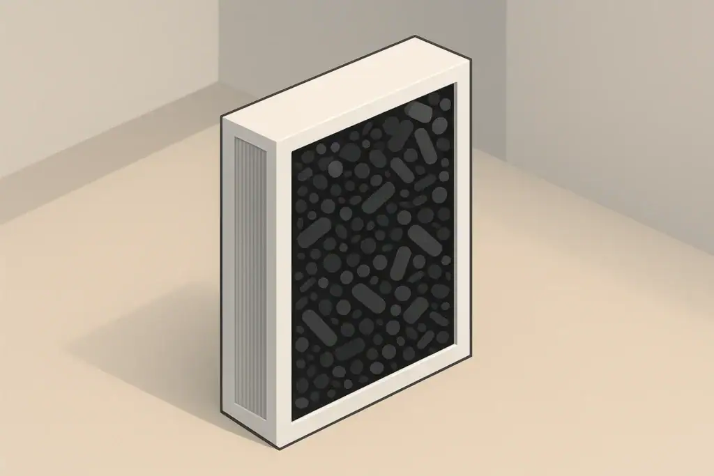 Isometric illustration of activated carbon filter cartridge in a room