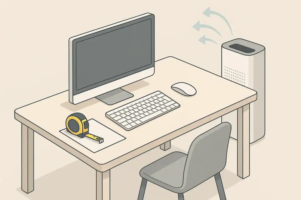 Isometric desk scene with tape measure and air purifier silhouette