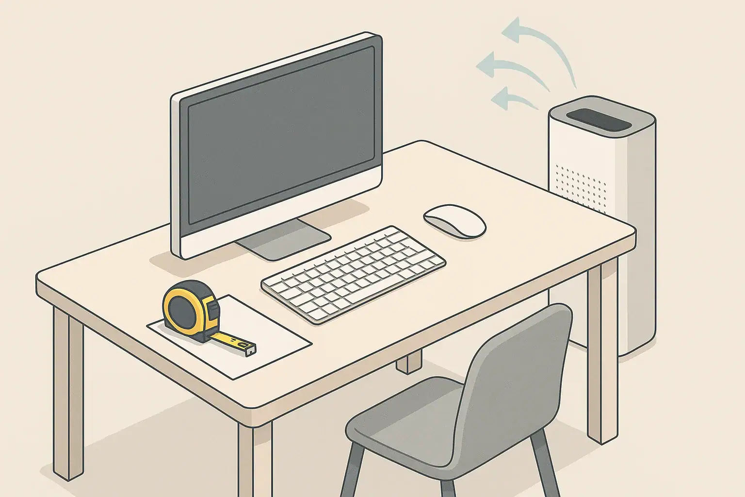 Isometric desk scene with tape measure and air purifier silhouette