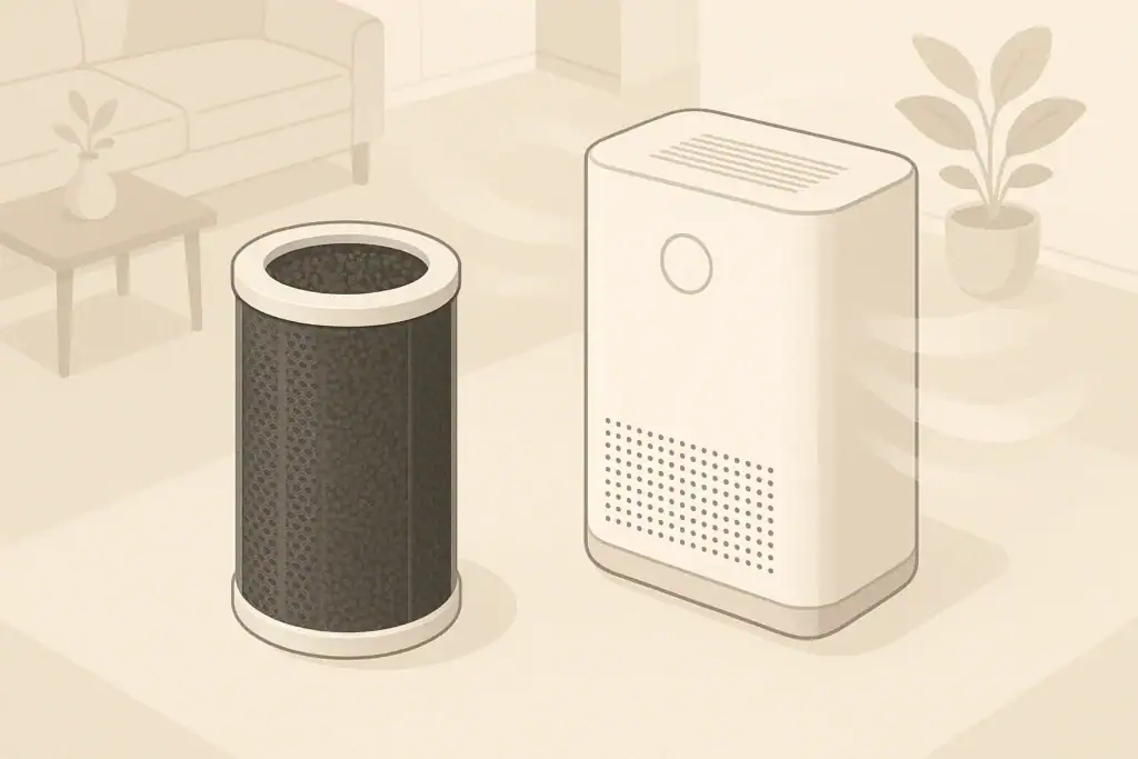 Isometric illustration of an air purifier with a carbon filter