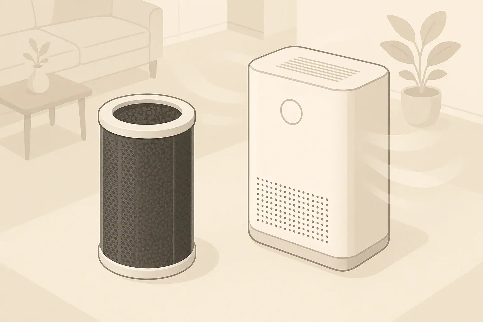 Isometric illustration of an air purifier with a carbon filter