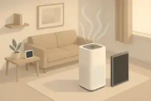 Isometric living room with air purifier and carbon filter