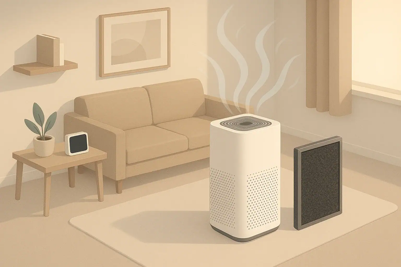 Isometric living room with air purifier and carbon filter