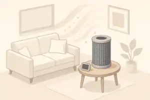 Isometric illustration of room with carbon filter and air monitor