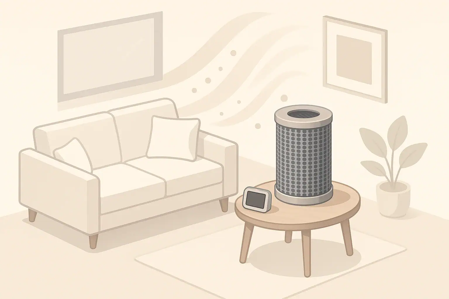 Isometric illustration of room with carbon filter and air monitor
