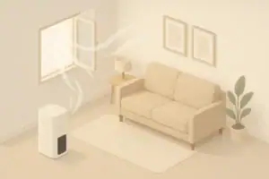 Living room with new furniture purifier and window ventilation