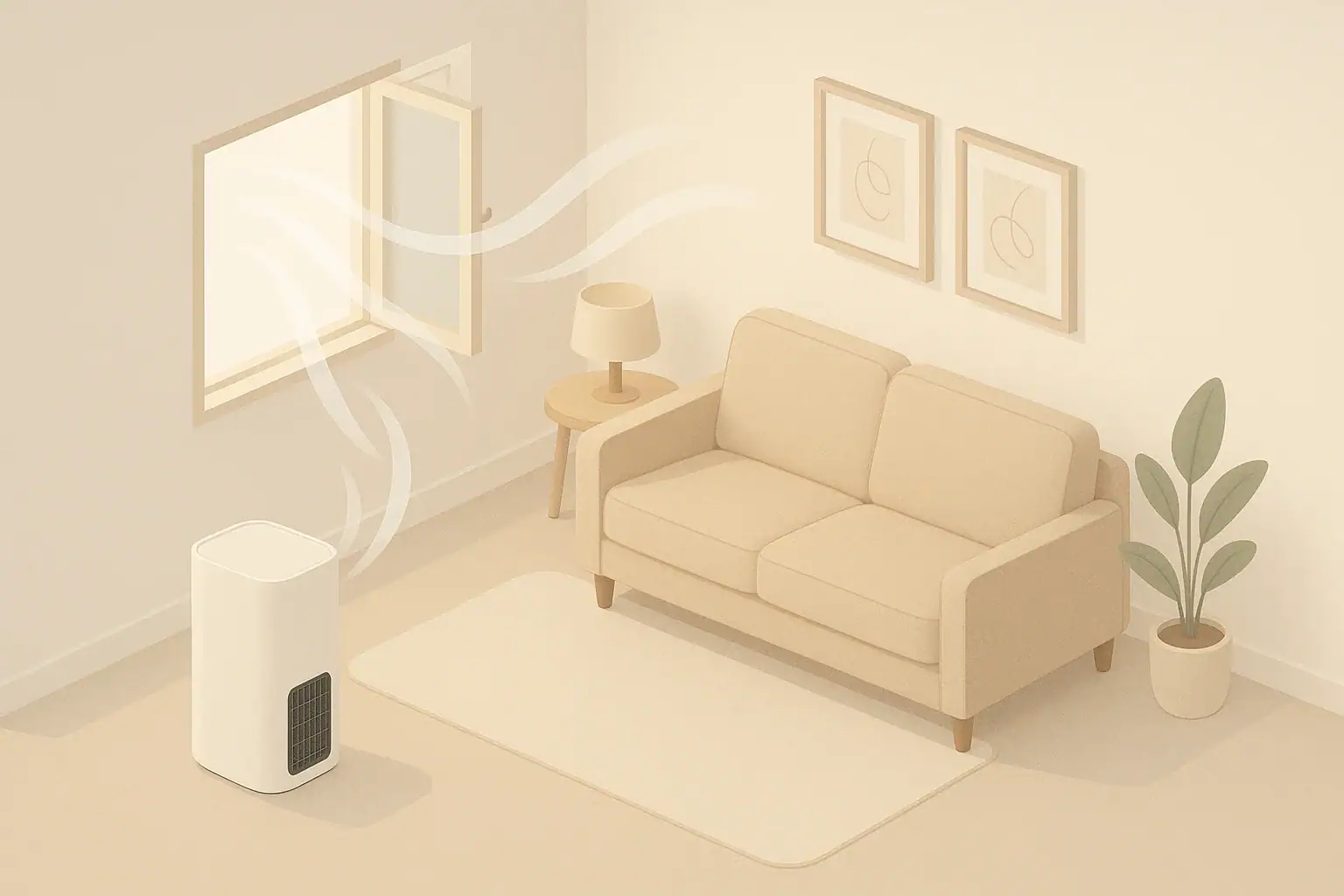 Living room with new furniture purifier and window ventilation