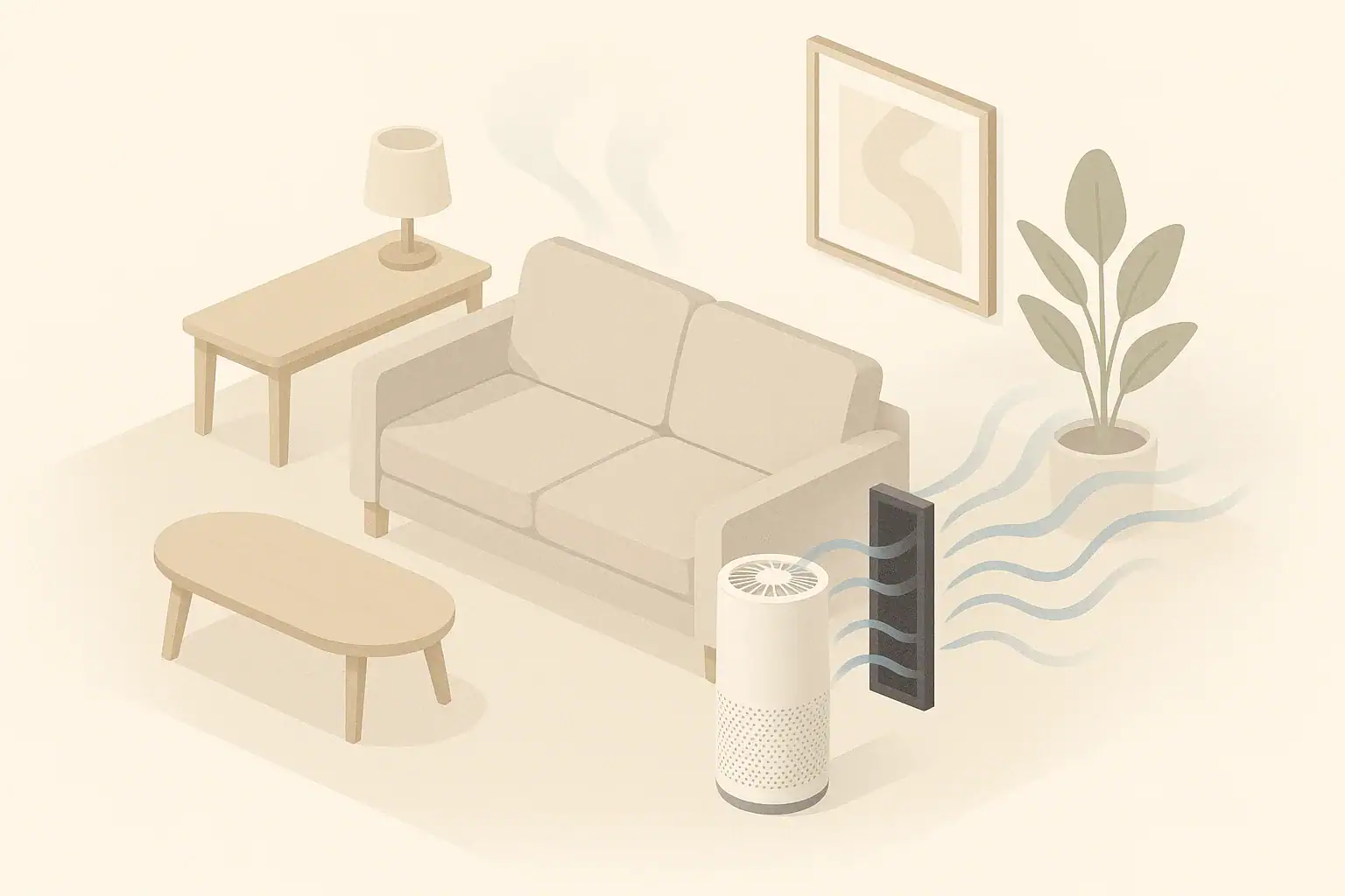Living room air purifier reducing smoke odors with carbon filter