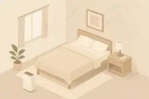 Calm bedroom with air purifier beside bed