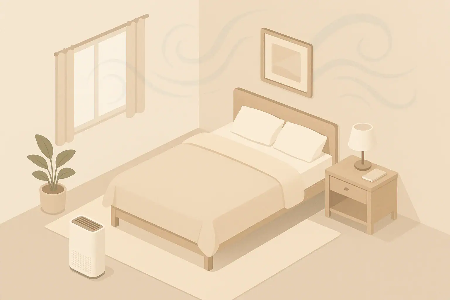 Calm bedroom with air purifier beside bed