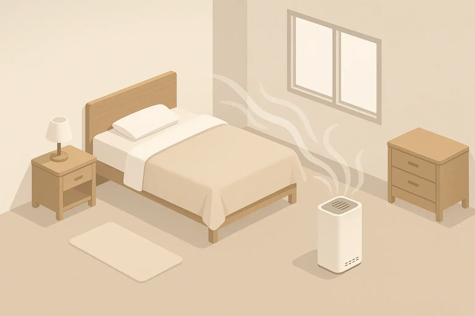 Calm bedroom with air purifier during pollen season