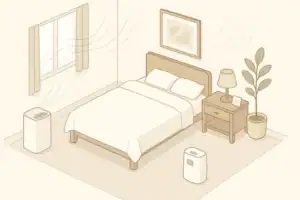 Calm bedroom with air purifier and humidity control devices