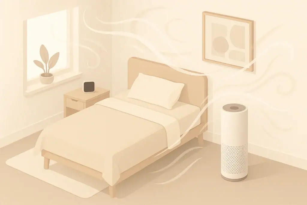 Bedroom with air purifier illustrating allergy and asthma triggers