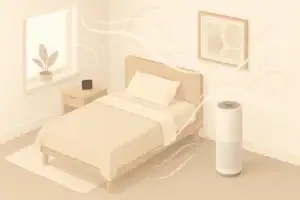 Bedroom with air purifier illustrating allergy and asthma triggers