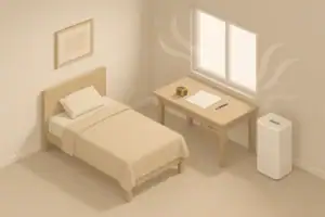 Isometric bedroom scene with purifier and airflow arrows