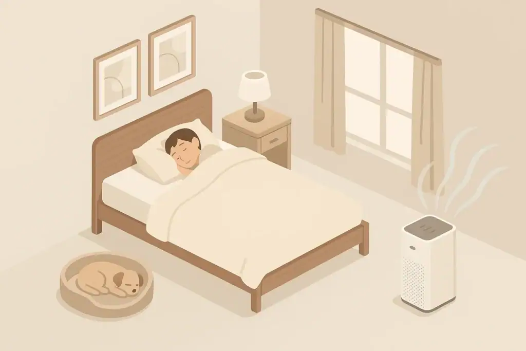 Bedroom with air purifier and pet bed for allergy control