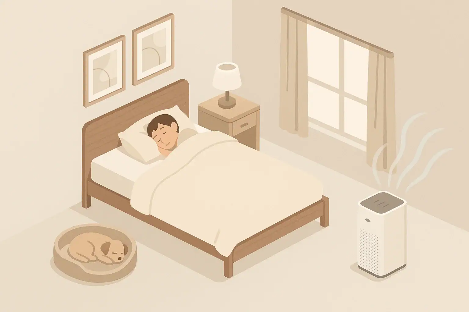 Bedroom with air purifier and pet bed for allergy control