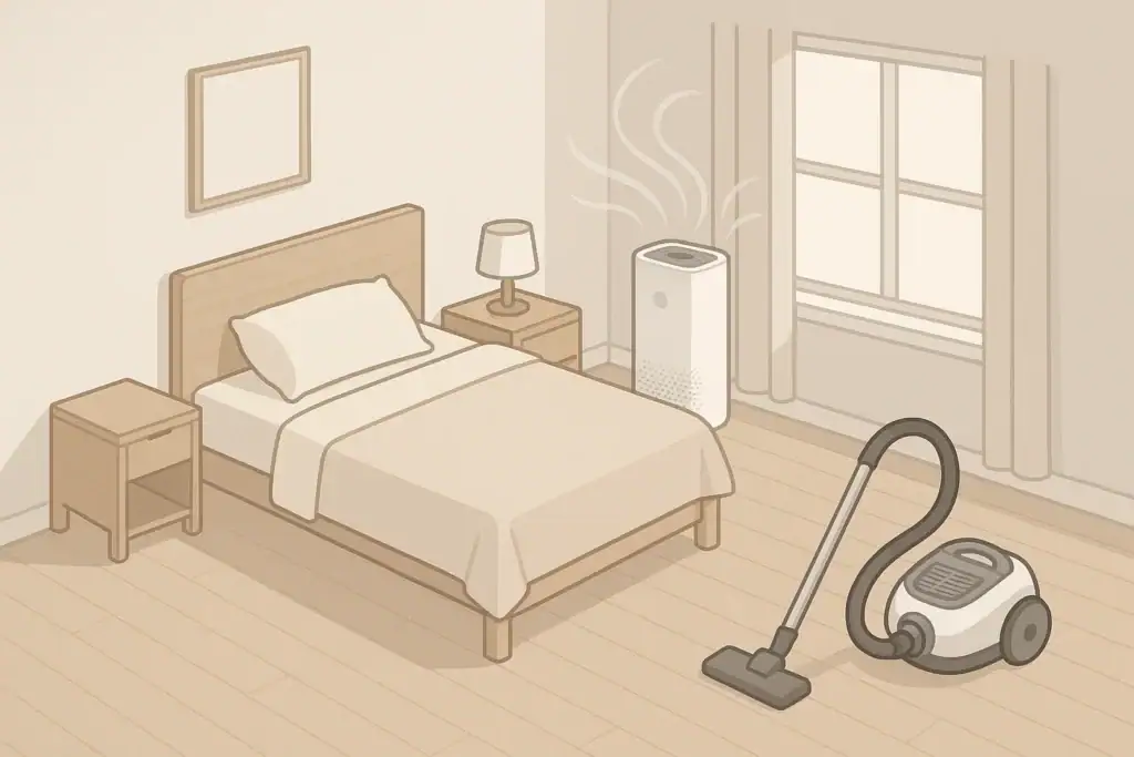 Bedroom scene with air purifier and HEPA vacuum for allergies