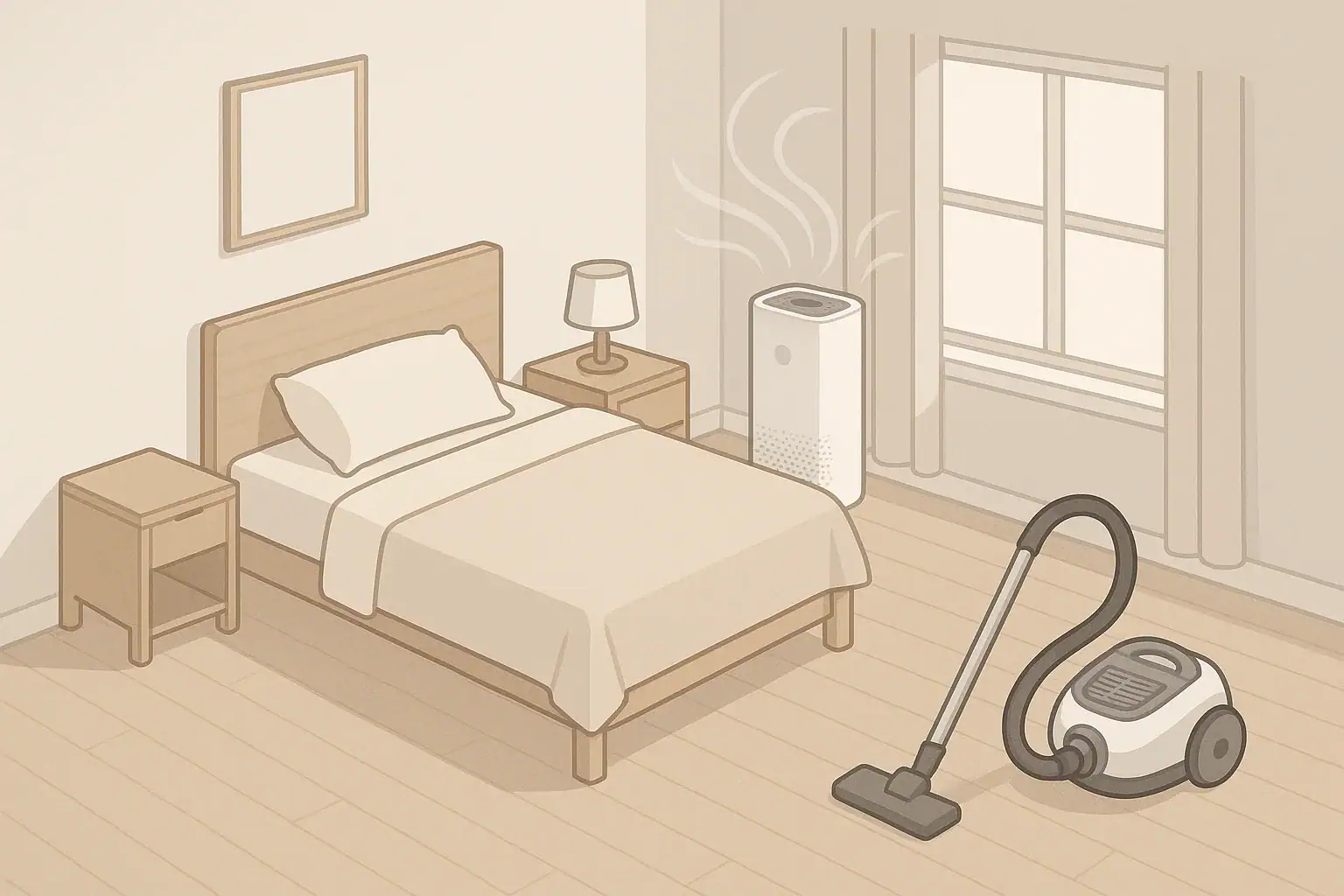Bedroom scene with air purifier and HEPA vacuum for allergies