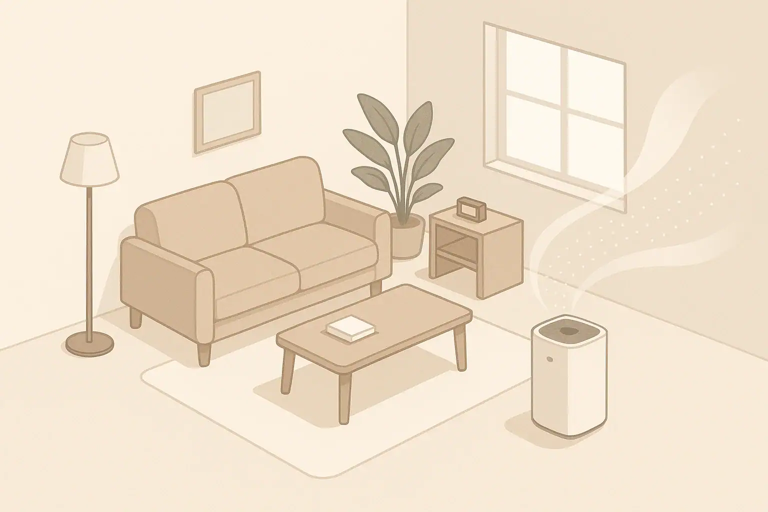 Isometric living room with air purifier reducing indoor particles