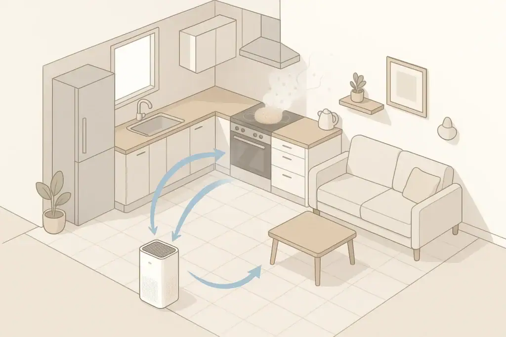 Kitchen scene with purifier reducing cooking particle levels
