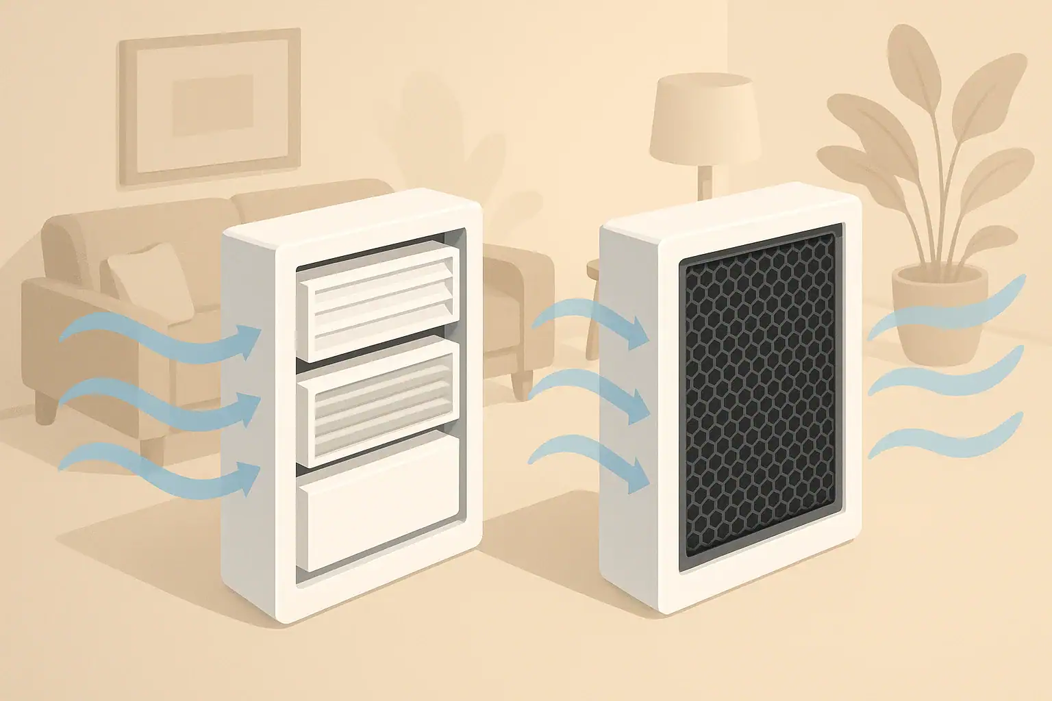 Isometric illustration comparing HEPA and carbon air filters