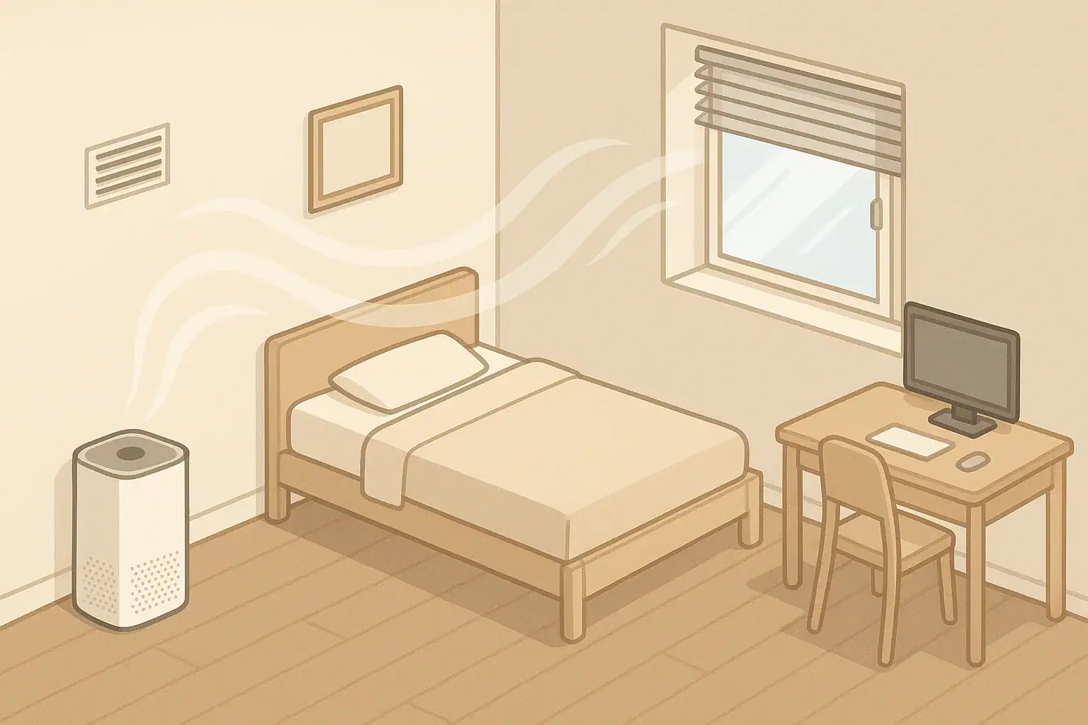 Bedroom scene comparing air purifier and room ventilation options