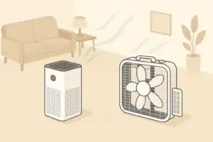 Isometric illustration of air purifier and box fan with filter