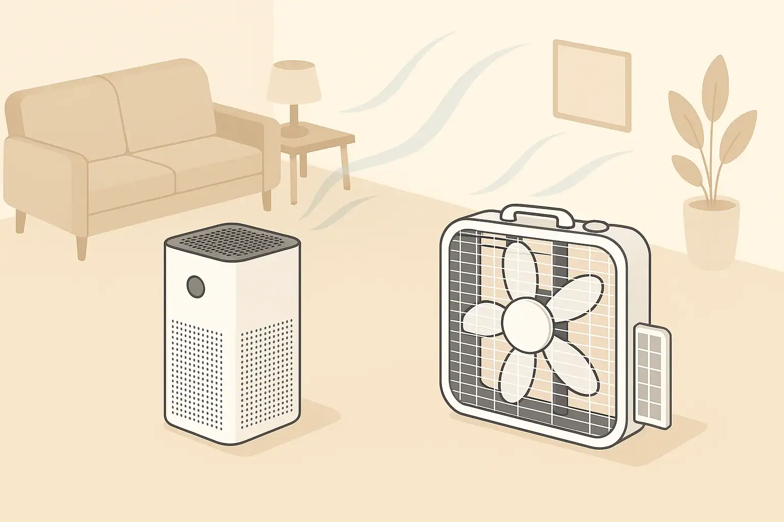 Isometric illustration of air purifier and box fan with filter
