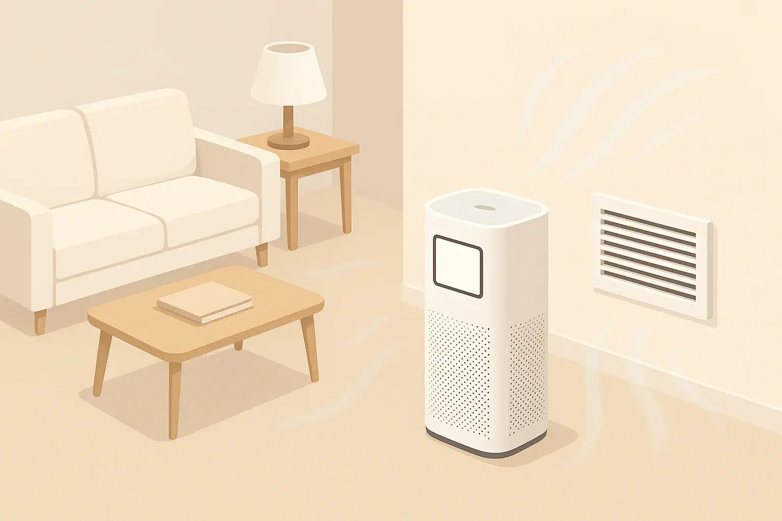 isometric illustration of portable air purifier and hvac vent