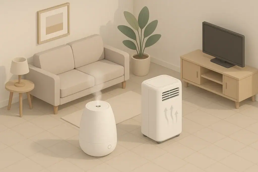 isometric illustration of humidifier and dehumidifier in a living room