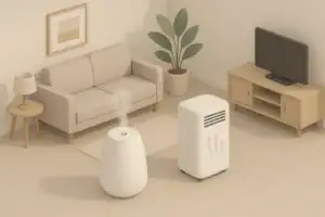 isometric illustration of humidifier and dehumidifier in a living room