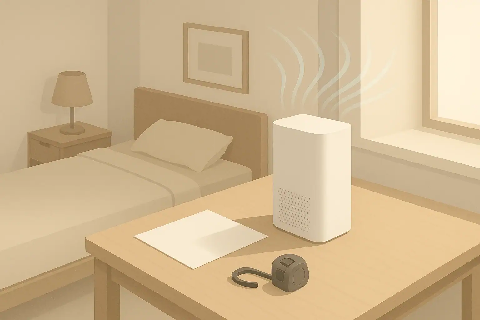 Isometric illustration of desk with air purifier and measuring tools