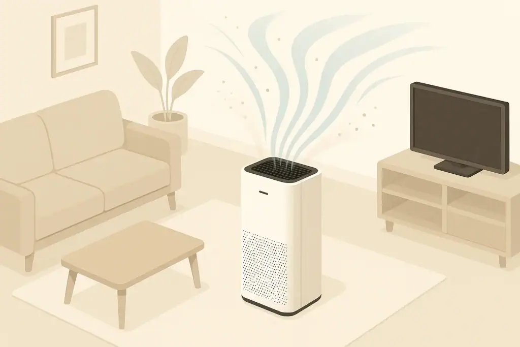 Air purifier reducing dust particles in a modern living room