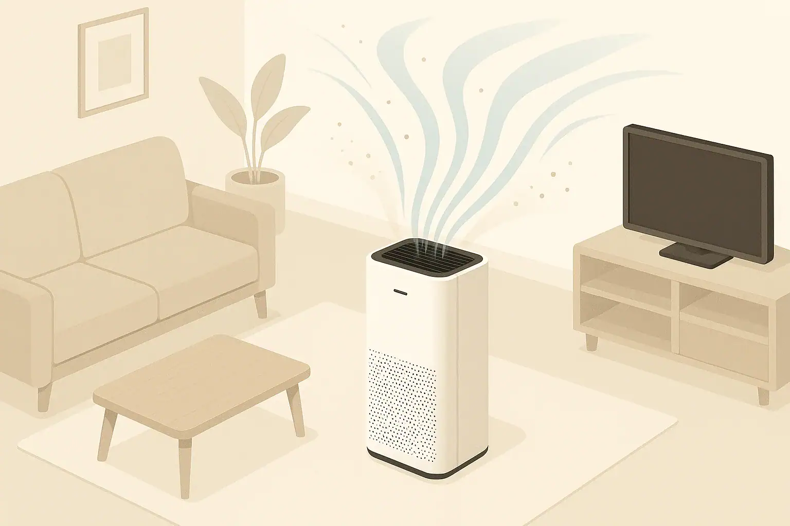 Air purifier reducing dust particles in a modern living room