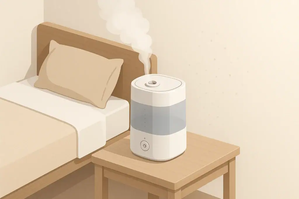 Isometric illustration of humidifier with gentle mist in bedroom