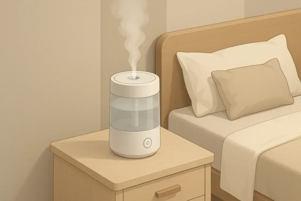 Isometric illustration of a humidifier with gentle mist on a bedside table