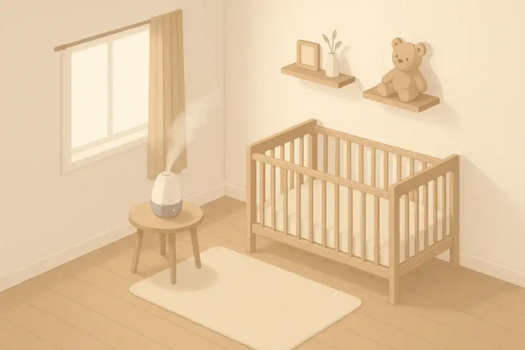 Isometric baby room with a humidifier placed safely