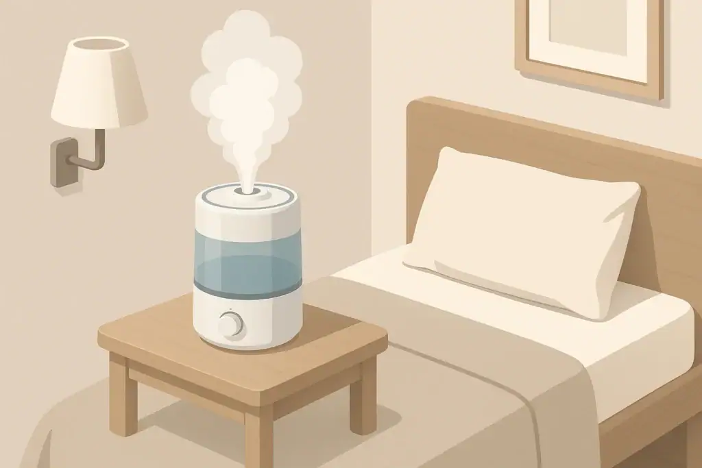 Isometric illustration of a bedside humidifier gently adding mist