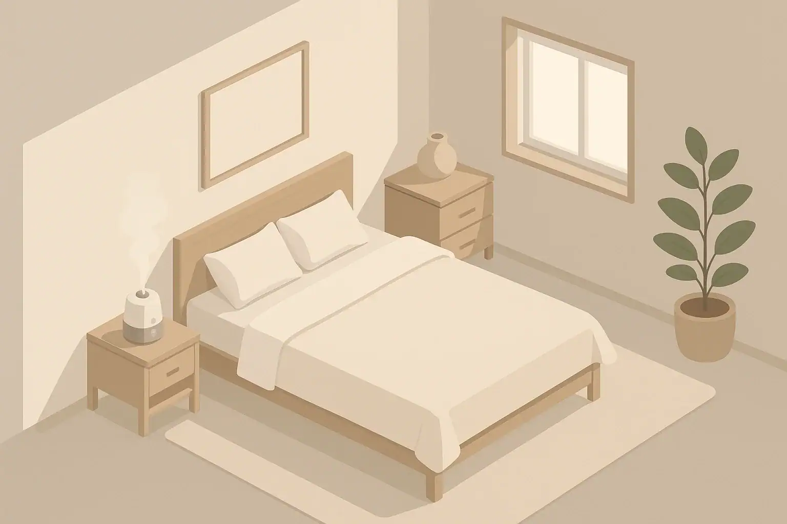 Bedroom scene showing safe humidifier placement on table