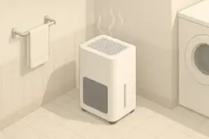 Isometric illustration of a home dehumidifier in a laundry corner
