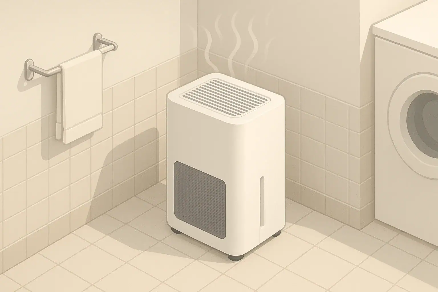 Isometric illustration of a home dehumidifier in a laundry corner