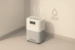 Isometric illustration of a dehumidifier in a tidy basement corner