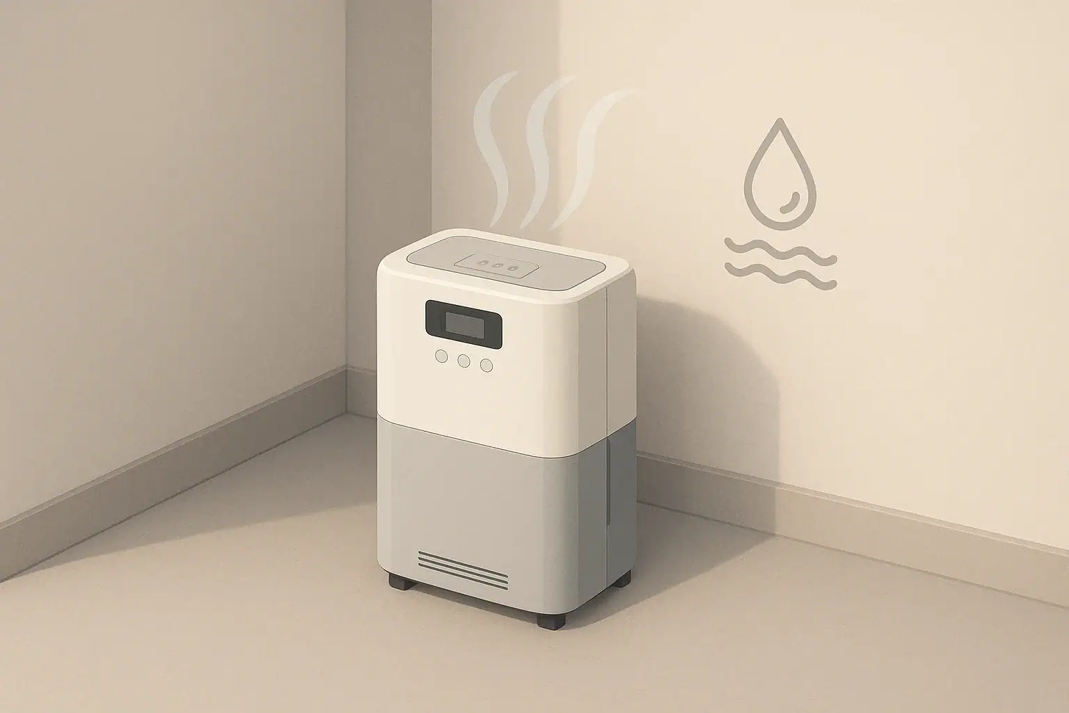 Isometric illustration of a dehumidifier in a tidy basement corner