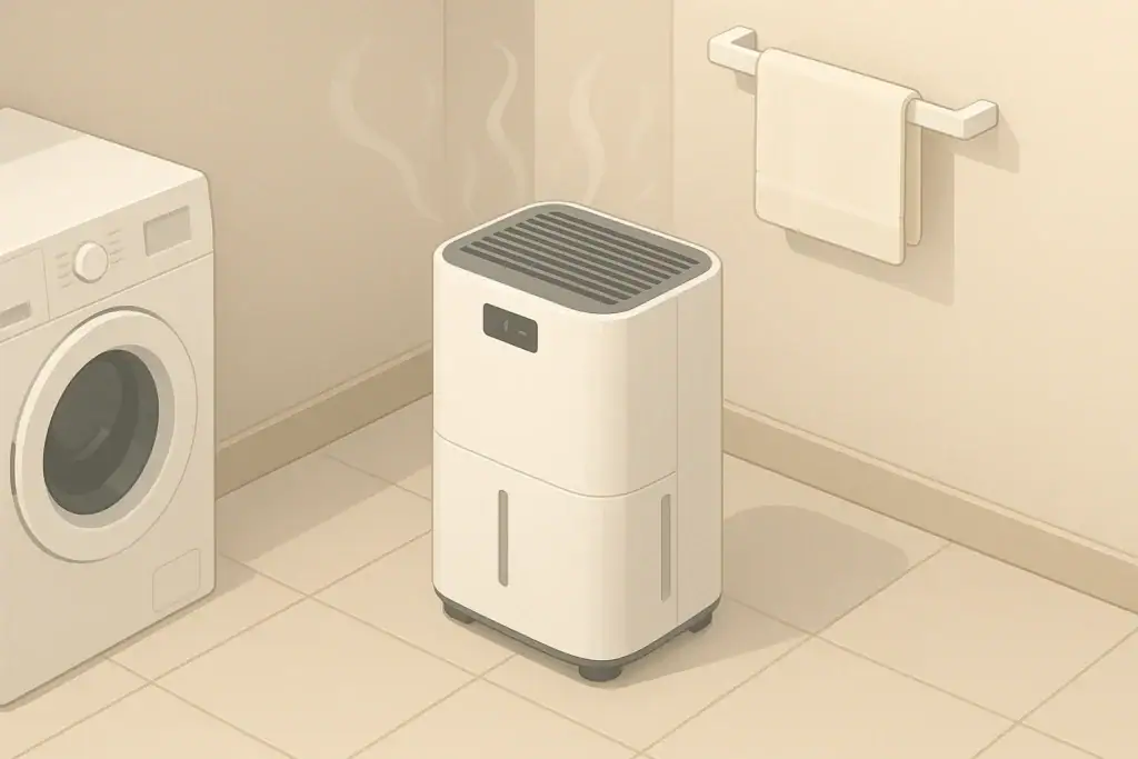 Isometric illustration of a home dehumidifier in a laundry corner