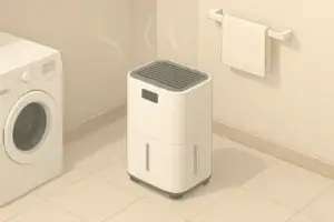 Isometric illustration of a home dehumidifier in a laundry corner