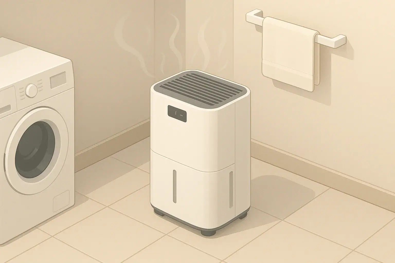 Isometric illustration of a home dehumidifier in a laundry corner